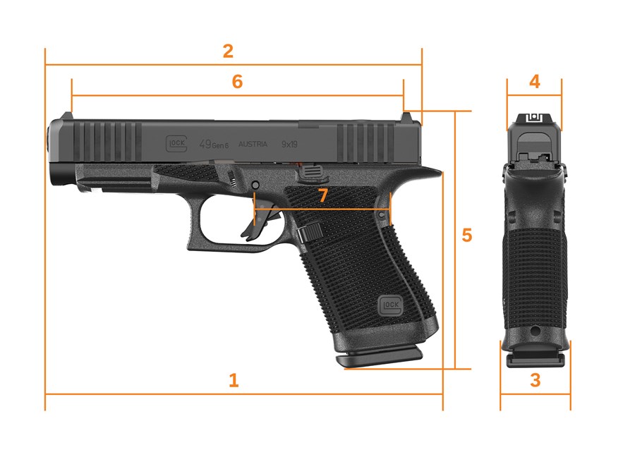 Glock 49 Gen 6 - schemat do tabeli wymiarów